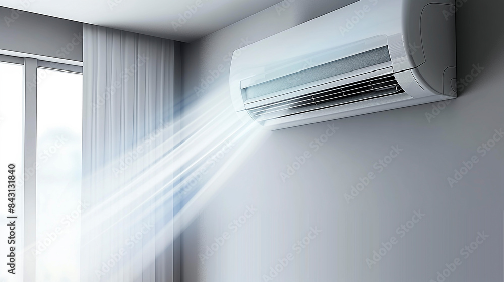 Air Conditioner Blowing Cool Air Into a Room With White Curtains Air Conditioner Blowing Cool Air Into a Room With White Curtains