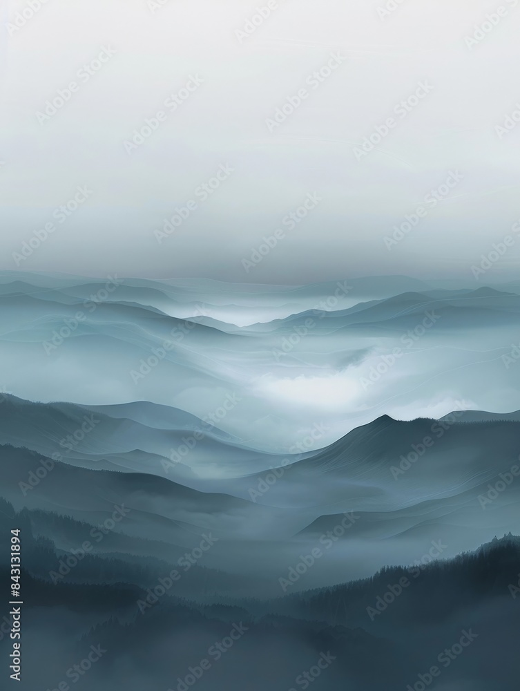 Fototapeta premium Misty Mountain Landscape in Shades of Blue and Gray
