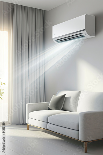 Air Conditioner Blowing Cool Air Into a Room With White Curtains
