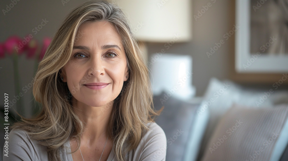 Middle-aged woman smiling in the room Middle-aged woman smiling in the room