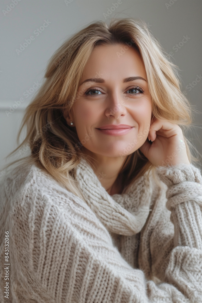Middle-aged woman smiling in the room Middle-aged woman smiling in the room