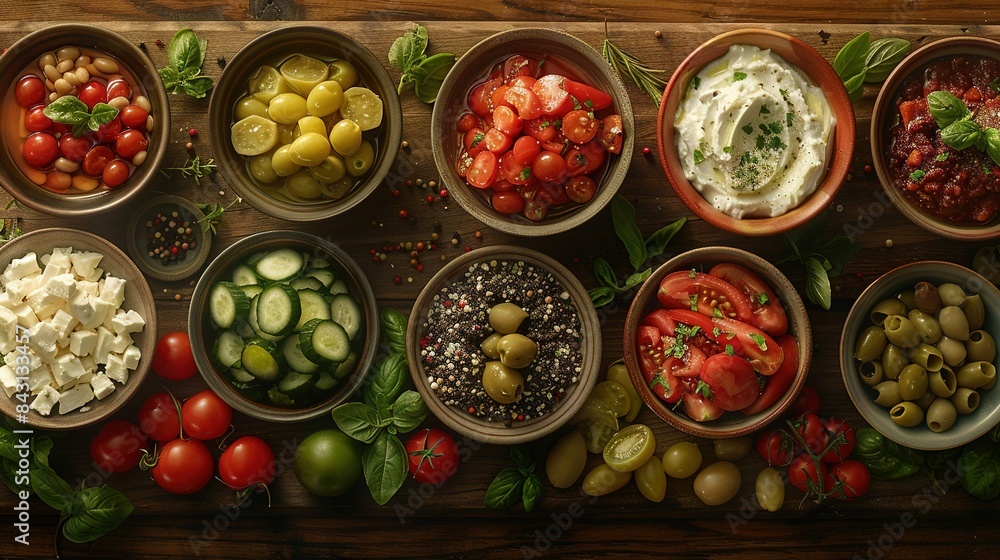 A wooden table with bowls of fruit, veggie dips and various produce arrangements A wooden table with bowls of fruit, veggie dips and various produce arrangements