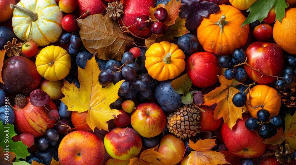 Autumn Harvest: A Bountiful Display of Nature's Bounty - A vibrant collection of autumnal fruits and vegetables, leaves and grapes create a festive and colorful backdrop. Autumn Harvest: A Bountiful Display of Nature's Bounty - A vibrant collection of autumnal fruits and vegetables, leaves and grapes create a festive and colorful backdrop.