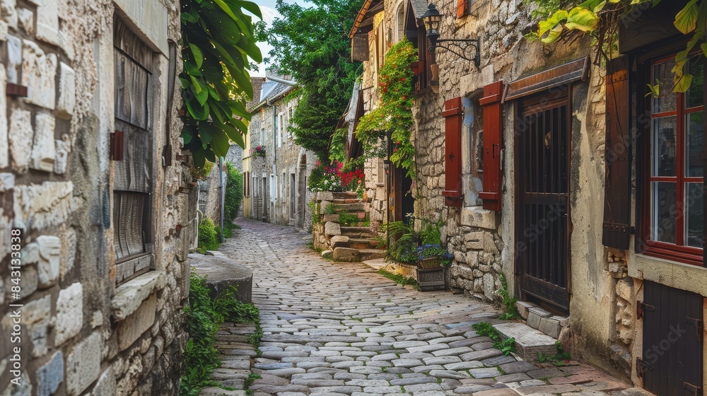 Fototapeta premium Cobblestone Alleyway in a Quaint European Village - A narrow, cobblestone alleyway winds through a charming European village, lined with stone buildings and lush greenery.