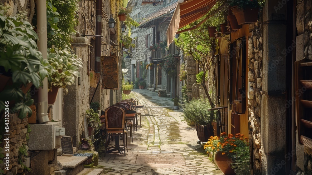 Fototapeta premium Cobblestone Alleyway with Stone Buildings and Plants - A narrow cobblestone alleyway winds through a village, lined with stone buildings and lush greenery.