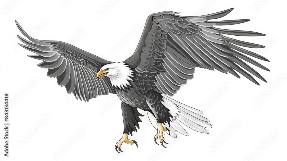 Fototapeta premium A bald eagle spreads its wings and talons in front of a white background
