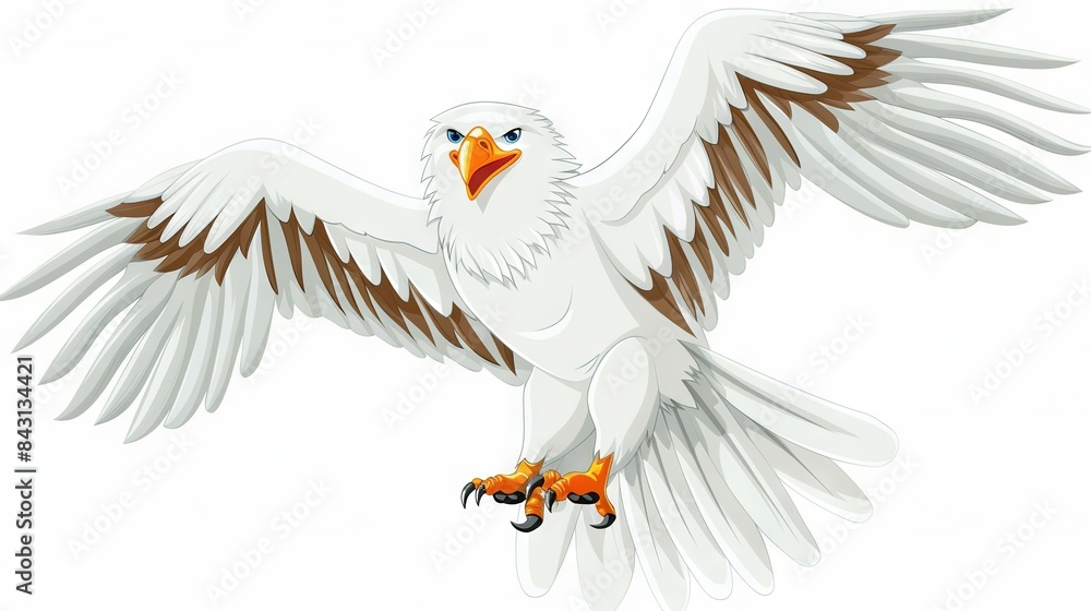 Fototapeta premium A white bird with brown wings and orange feet flaps its wings as it spreads them wide