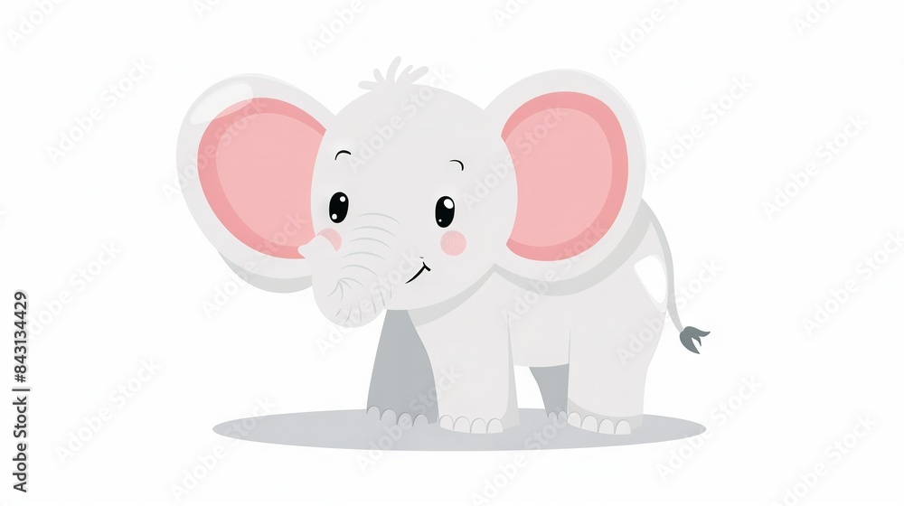 A cute little elephant stands atop a white ground, its trunk lifted high A cute little elephant stands atop a white ground, its trunk lifted high