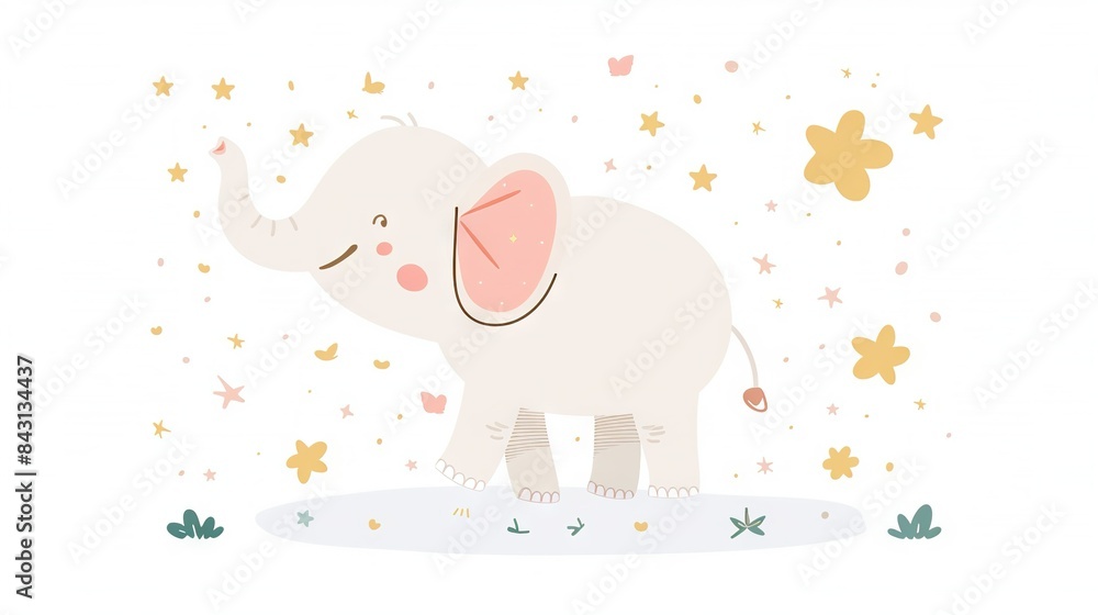 An elephant with a pink tusk stands in front of a white background adorned with stars and a pink bow An elephant with a pink tusk stands in front of a white background adorned with stars and a pink bow