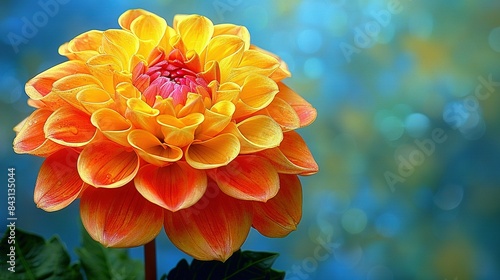  Large orange-yellow flower with green leaves in front of blue-yellow background with blurry background