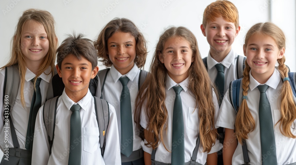 Elegant and minimalistic first day of school scene, featuring students smiling with their new school gear, isolated on a white background. Elegant and minimalistic first day of school scene, featuring students smiling with their new school gear, isolated on a white background.