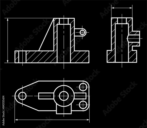 Vector drawing of a steel mechanical part with through holes
and dimension lines.
Engineering cad scheme. Technical template.
Cross section.