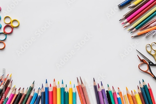 An assortment of colorful pencils, sticky notes, and scissors arranged along the border of a white background