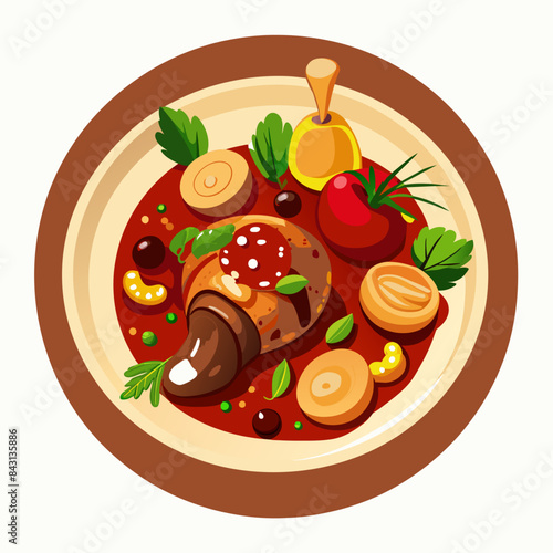 A vibrant plate of stew with a variety of vegetables, mushrooms, tomatoes, and herbs, creating a colorful and appetizing di