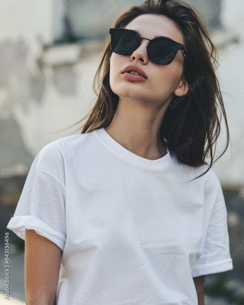 A young woman in a white t-shirt and sunglasses poses outside A young woman in a white t-shirt and sunglasses poses outside