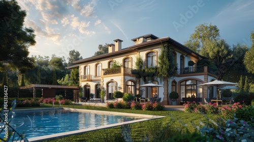 Wallpaper Mural Luxury Mansion with Pool and Lush Gardens - A luxurious mansion with a swimming pool, surrounded by beautiful gardens and greenery. Torontodigital.ca