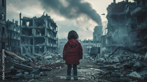 A lonely child amidst ruins, a symbol of vulnerability and devastation made with Ai generative technology photo