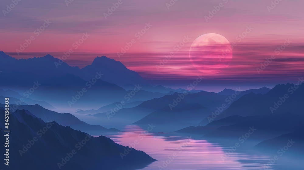 Obraz premium Pink Moon Over Misty Mountains - A full moon casts a pink glow over a misty mountainous landscape, creating an ethereal and peaceful atmosphere.