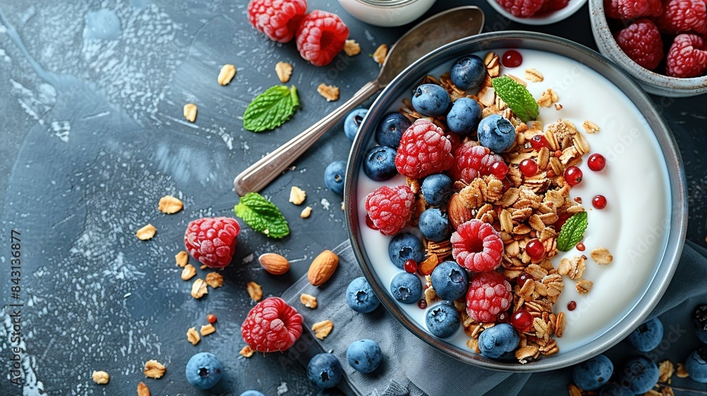 A bowl with yogurt, granola, raspberries, and blueberries, alongside two cups of yogurt A bowl with yogurt, granola, raspberries, and blueberries, alongside two cups of yogurt