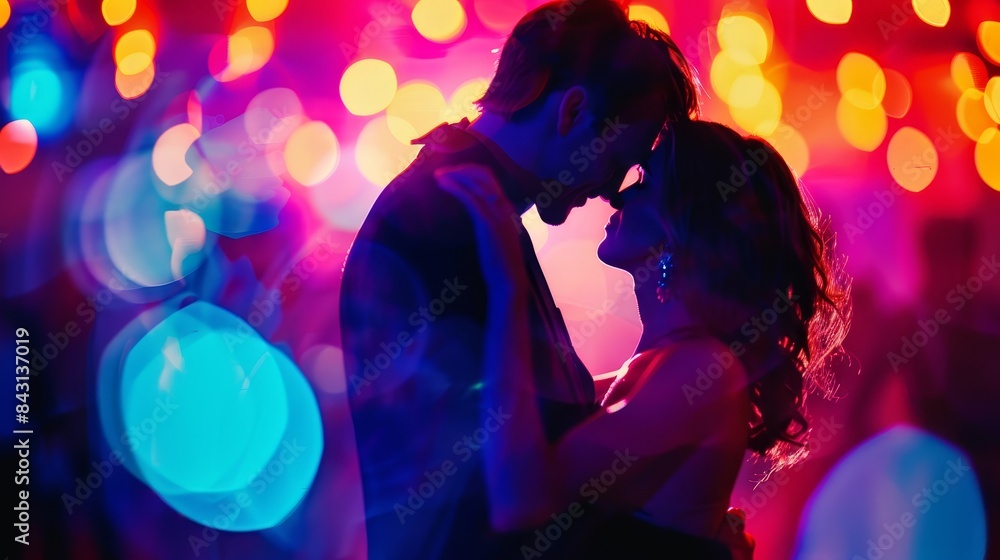 Silhouette of a Couple Dancing in a Colorful Light - A couple embraces in a passionate dance, their silhouettes outlined against a background of vibrant, blurred lights. Silhouette of a Couple Dancing in a Colorful Light - A couple embraces in a passionate dance, their silhouettes outlined against a background of vibrant, blurred lights.