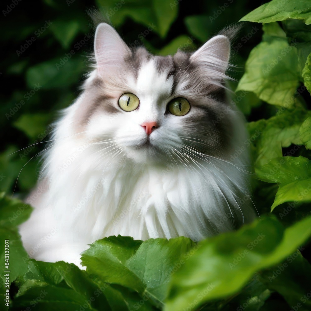 A fluffy Ragamuffin cat surrounded by lush greenery, created by artificial intelligence A fluffy Ragamuffin cat surrounded by lush greenery, created by artificial intelligence