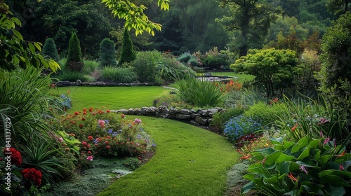 Serene Garden Path with Blooming Flowers - A lush garden scene with a stone path winding through vibrant flowers, lush greenery, and a serene atmosphere. © Nima