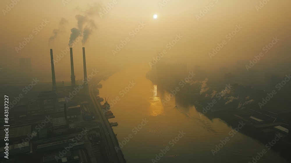 Fototapeta premium Smog-Filled Sunrise Over an Industrial River - A hazy sunrise casts a golden glow over a river bisecting an industrial area, with plumes of smoke rising from tall chimneys.
