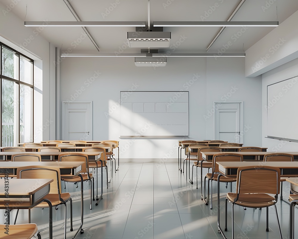 A clean, empty classroom with a spotless whiteboard and perfectly aligned desks and chairs A clean, empty classroom with a spotless whiteboard and perfectly aligned desks and chairs