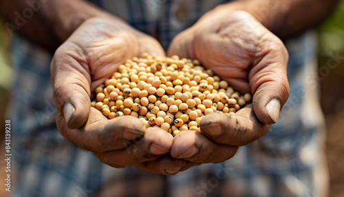 Closeup of handful of soybean hulls in male hands. Concept of organic supplement in production of compound feed for livestock animals