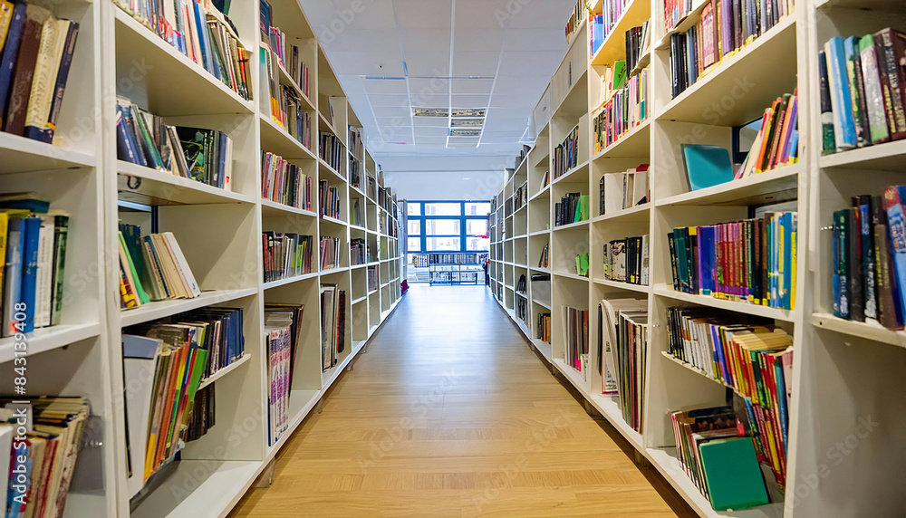 図書館の通路。たくさんの本が並ぶ図書館のイメージ素材。Library corridor. Image of a library with many books lined up. 図書館の通路。たくさんの本が並ぶ図書館のイメージ素材。Library corridor. Image of a library with many books lined up.