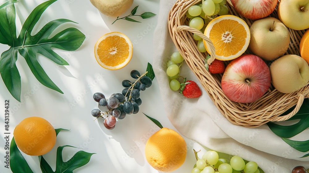Cheerful and bright summer picnic setup, showcasing a picnic basket and fresh fruit, isolated on a white background. The minimalistic and clean style emphasizes the festive spirit.
