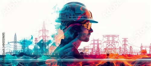 Digital illustration of a worker with a hard hat and safety goggles, set against the background of power towers and a stylized energy flow