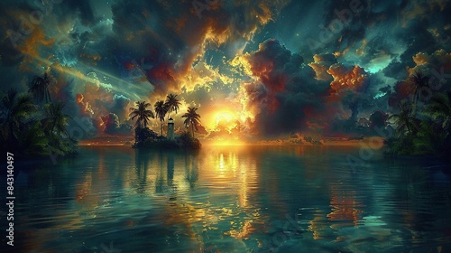   A sunset painting with palm trees in the foreground and a water body