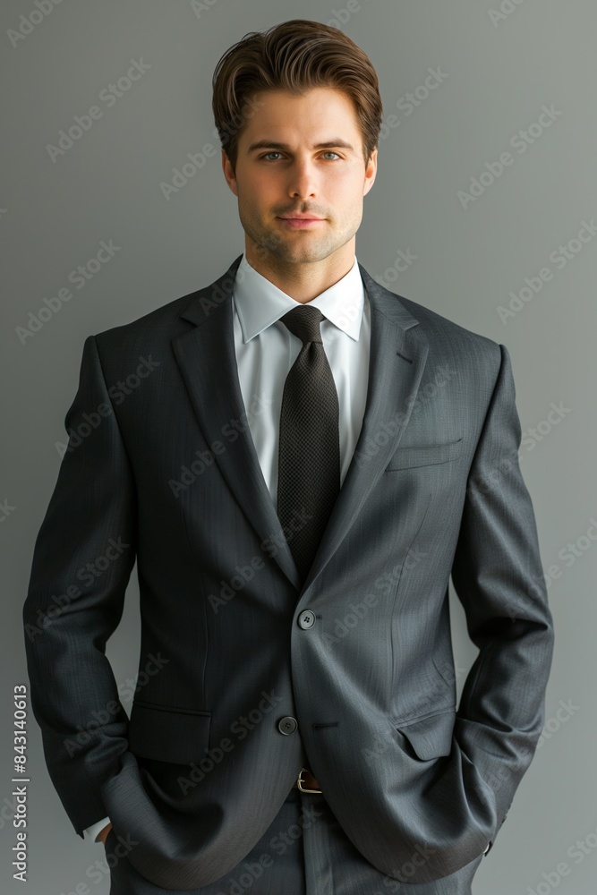 A businessman in a sharp suit poses confidently, exuding elegance and style. A businessman in a sharp suit poses confidently, exuding elegance and style.