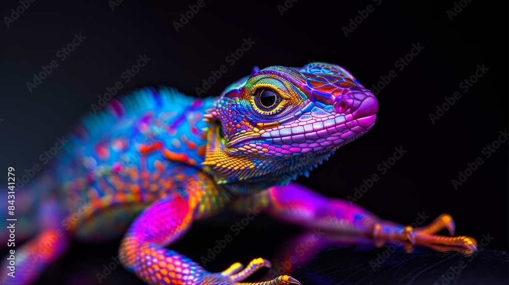 Vibrant Lizard in Neon Hues - A lizard with a colorful, almost iridescent, skin pattern is lit with vibrant neon hues, showcasing its unique texture and vibrant color. Vibrant Lizard in Neon Hues - A lizard with a colorful, almost iridescent, skin pattern is lit with vibrant neon hues, showcasing its unique texture and vibrant color.