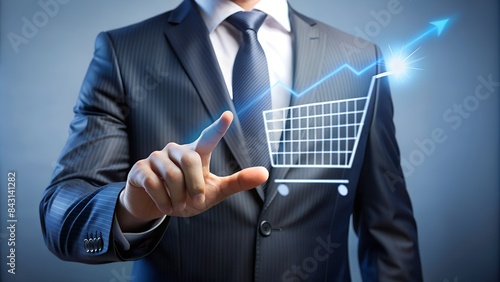 Sale growth concept. Businessman touching graph of increase in sales volume with shopping cart on virtual screen for ecommerce growth. photo