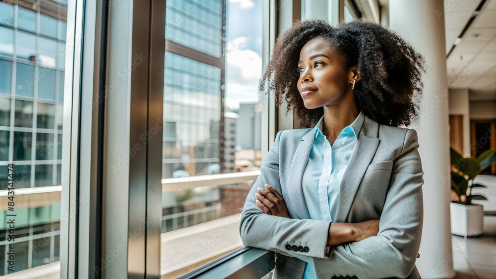 Portrait of an afro-american young businesswoman looking confident in a wide glass windows of a modern office Portrait of an afro-american young businesswoman looking confident in a wide glass windows of a modern office