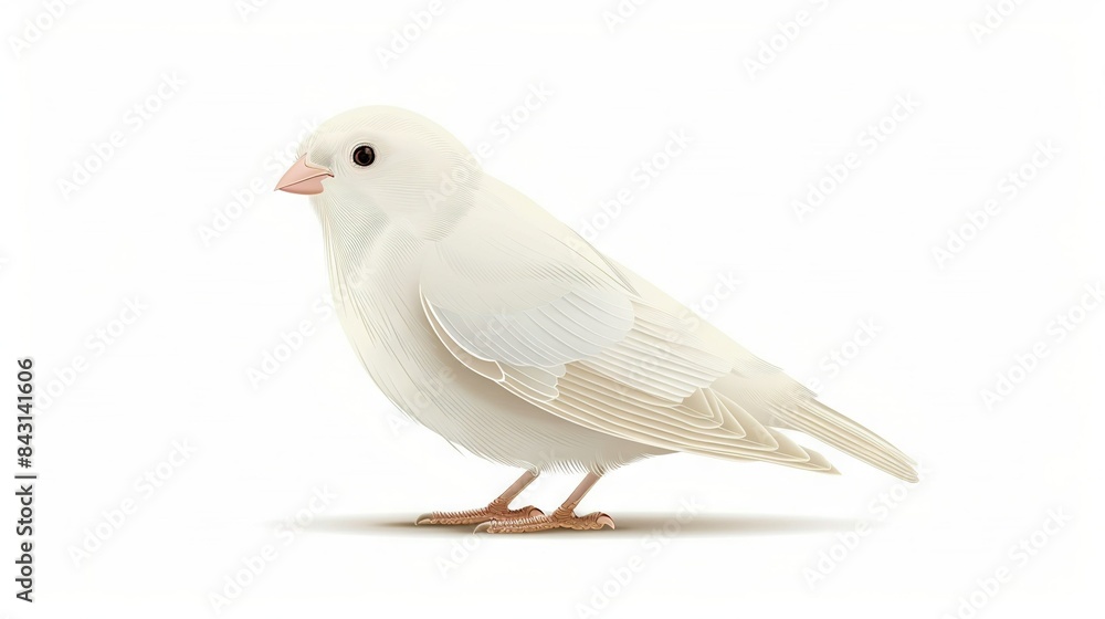 A white bird with a pink beak is standing on one leg and facing away from the camera on a white background A white bird with a pink beak is standing on one leg and facing away from the camera on a white background