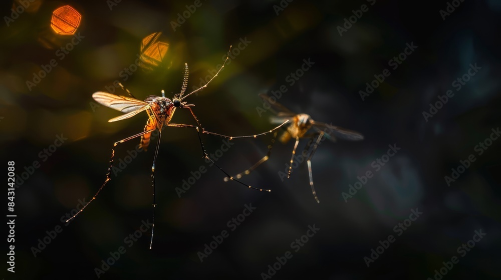custom made wallpaper toronto digitalTwo Mosquitoes in Flight, Sunlit - Two mosquitoes are pictured mid-flight against a dark blurry background. One mosquito is in focus, while the other is blurred and in the distance. 