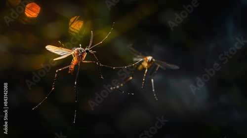 Wallpaper Mural Two Mosquitoes in Flight, Sunlit - Two mosquitoes are pictured mid-flight against a dark blurry background. One mosquito is in focus, while the other is blurred and in the distance.  Torontodigital.ca