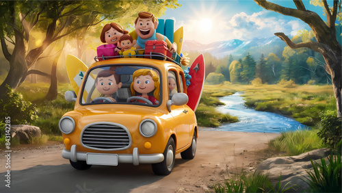 A happy family carrying their belongings in the car and getting ready to go out and spend the summer vacation at the seaside, 