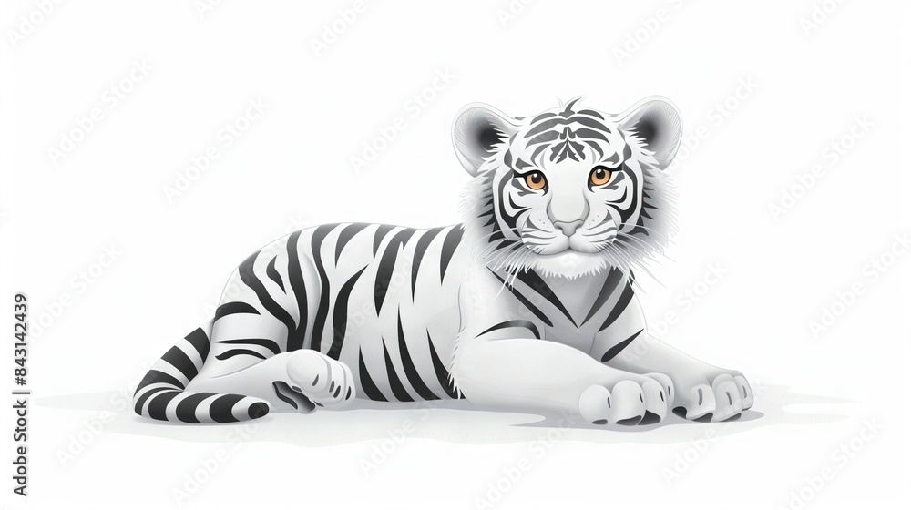 Fototapeta premium A black and white tiger lies on the ground, facing the camera, with its head turned slightly upward
