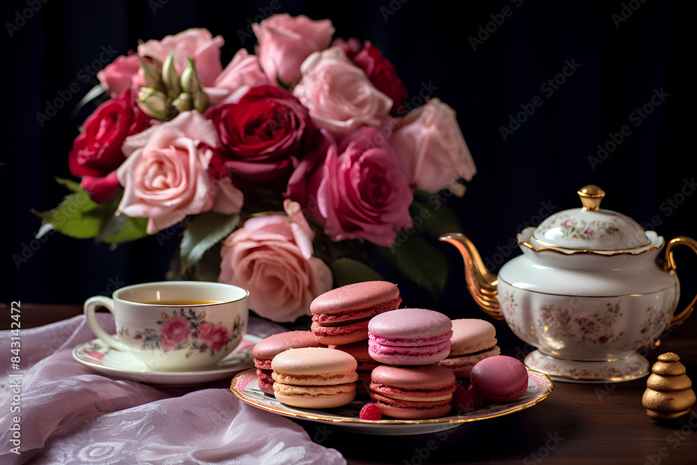 Croissant on a plate, macaroon and tea for breakfast, Flat teapot setting, tea cup, croissant on a plate, macaroon, rose bouquet and party decorations. Croissant on a plate, macaroon and tea for breakfast, Flat teapot setting, tea cup, croissant on a plate, macaroon, rose bouquet and party decorations.