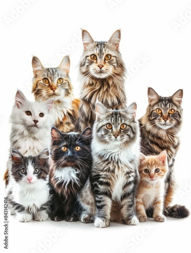 Diverse group of cat breeds, including both big and small cats, isolated on a white background hyper realistic 