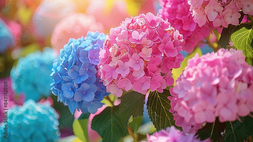 A field of pink, blue, and purple flowers basking under the warm sunbeams filtering through the leafy canopy A field of pink, blue, and purple flowers basking under the warm sunbeams filtering through the leafy canopy