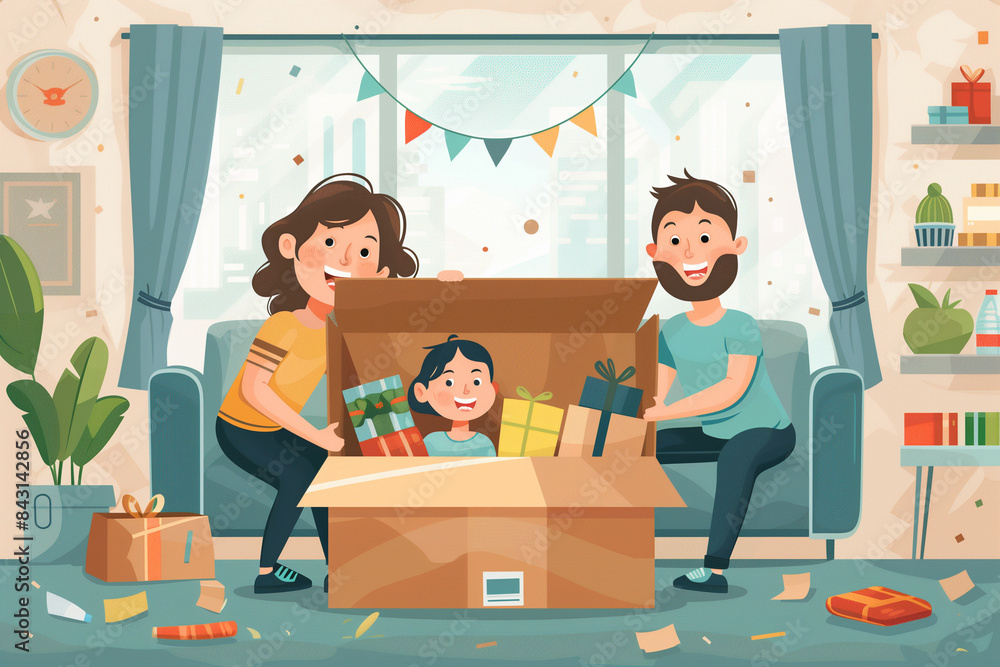 A happy family excitedly unboxes a large delivery in their cozy, sunlit living room, sharing moments of joy and togetherness as they discover new items inside the boxes A happy family excitedly unboxes a large delivery in their cozy, sunlit living room, sharing moments of joy and togetherness as they discover new items inside the boxes