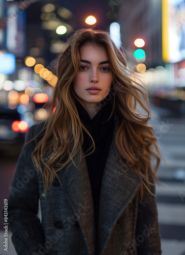 Portrait of woman standing on a bustling city street at night, with the vibrant lights 