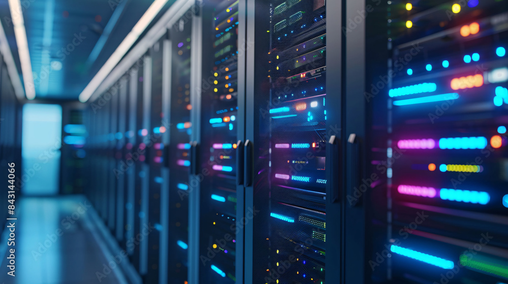 Series of servers with glowing lights, suggesting data processing and storage Series of servers with glowing lights, suggesting data processing and storage