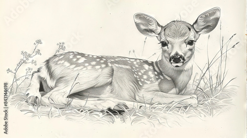  A black-and-white drawing of a baby deer lying on its side in grass with its head turned