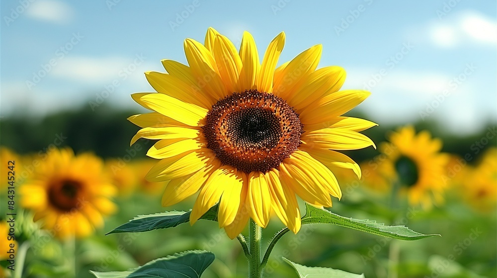 Fototapeta premium Sunflower in sunflower field with blue sky and clouds